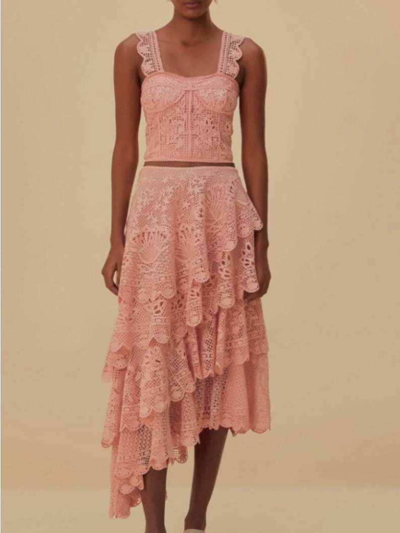 Nwt Farm Rio Light Pink Guipure Lace Corset Top & Tiered Maxi Skirt Set S